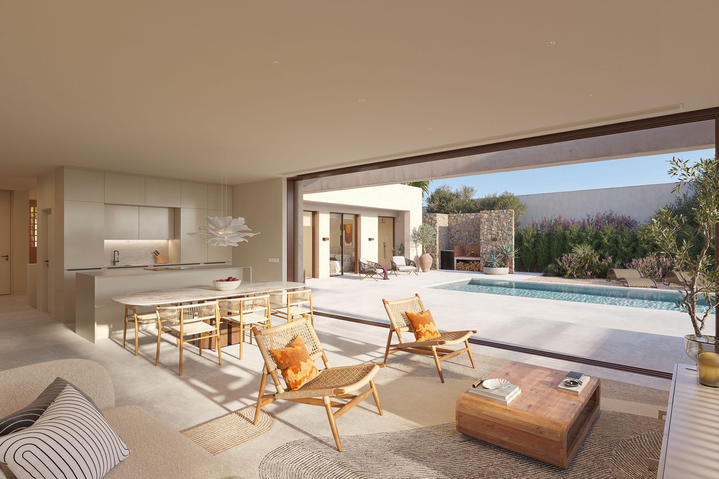 Living room opening onto the terrace and the swimming pool