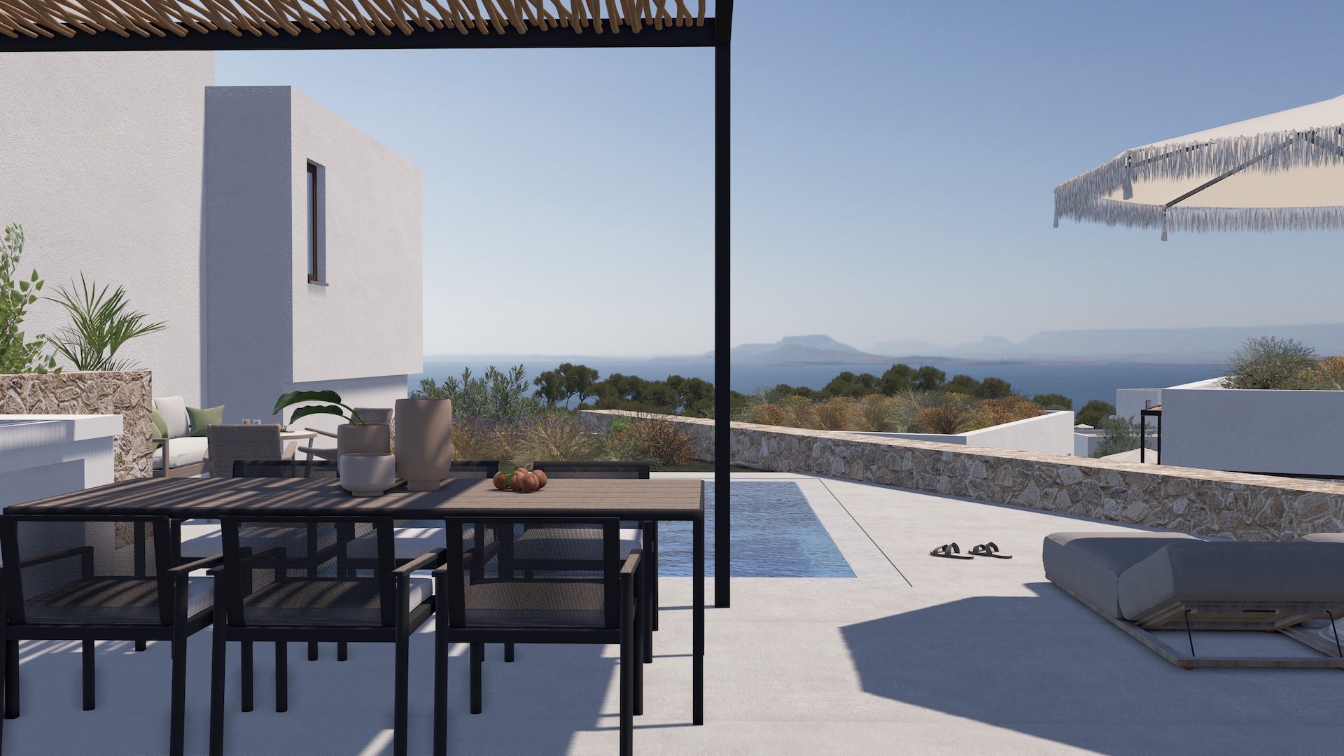 Terrasse und Pool der Sunset Villas Rhodes an der Westküste von Rhodos
