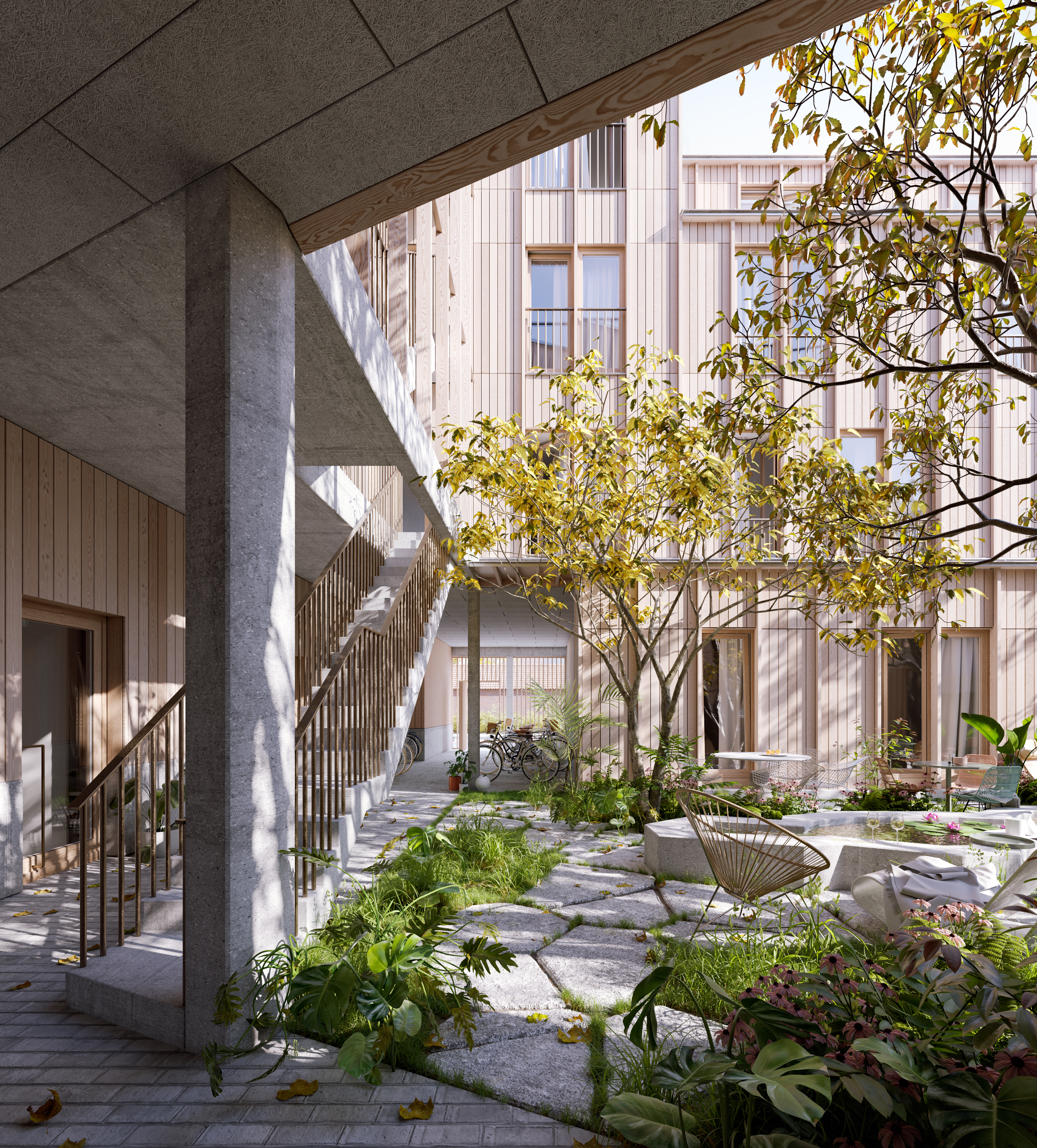 Groene binnentuin van Ravelijn met houten gevels en terrassen