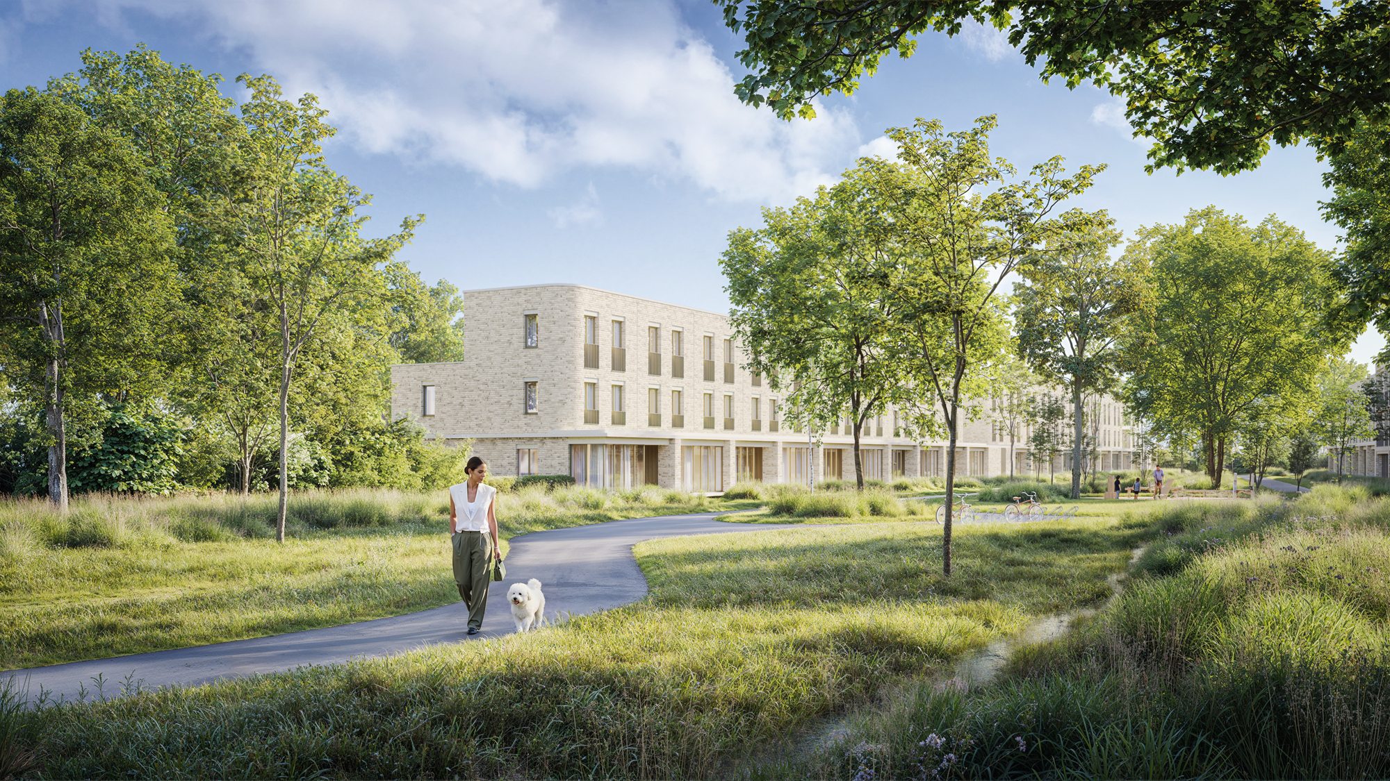 Bewoner wandelt met de hond door het park van The Green