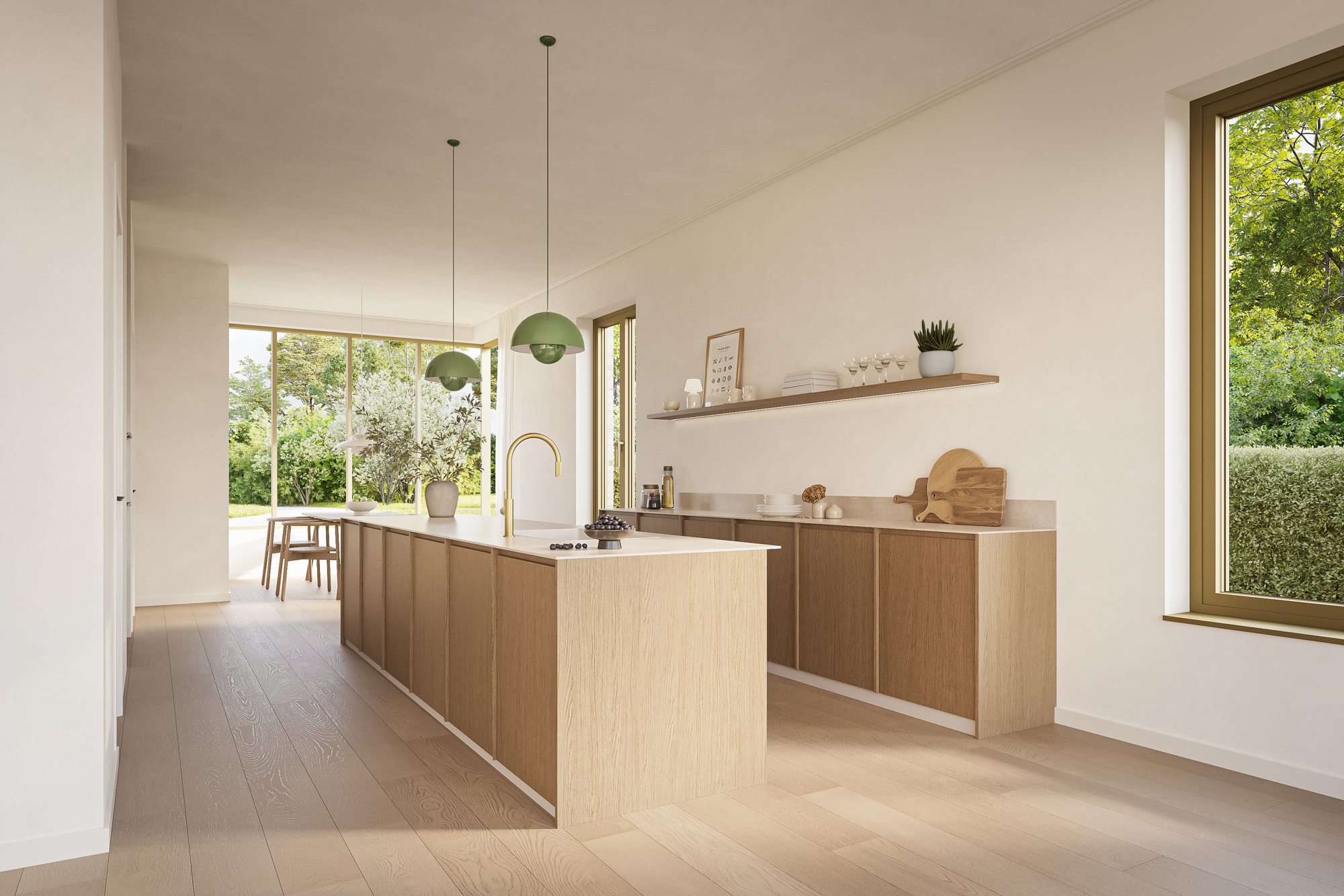 Lichte keuken met houten kookeiland en zicht op de tuin