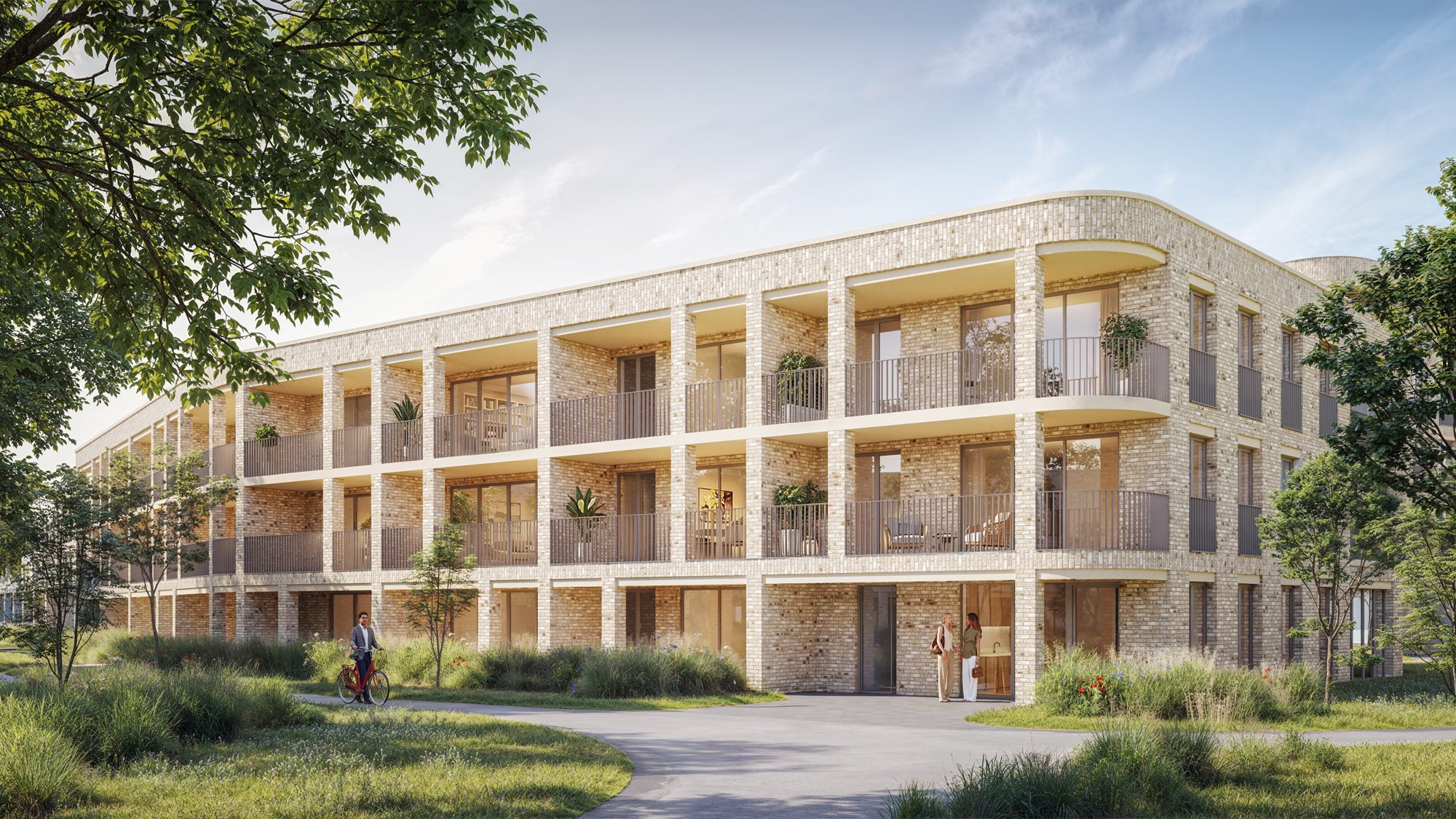 Appartementencomplex The Green met diepe balkons langs een groen wandelpad
