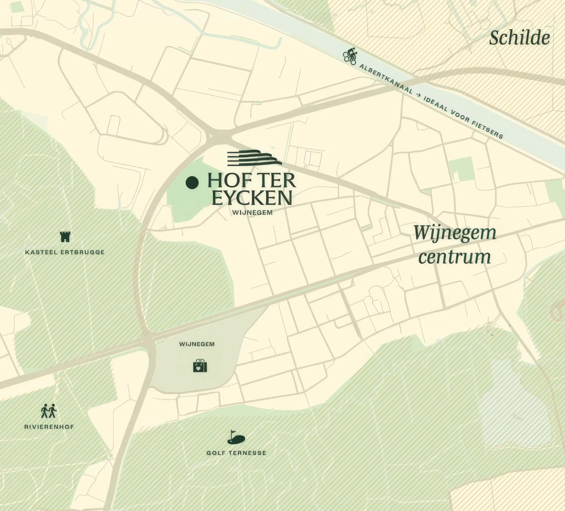 Kaart van de ligging: Hof ter Eycken in Wijnegem, nabij het centrum, Kasteel Ertbrugge, Rivierenhof en Golf Ternesse