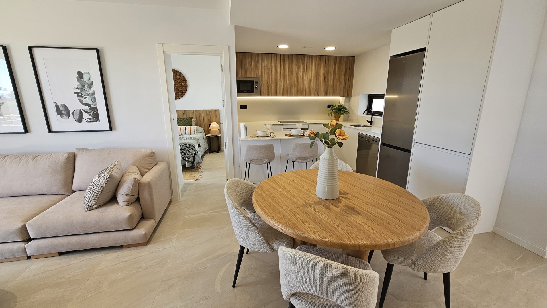 Living room with dining area and kitchen