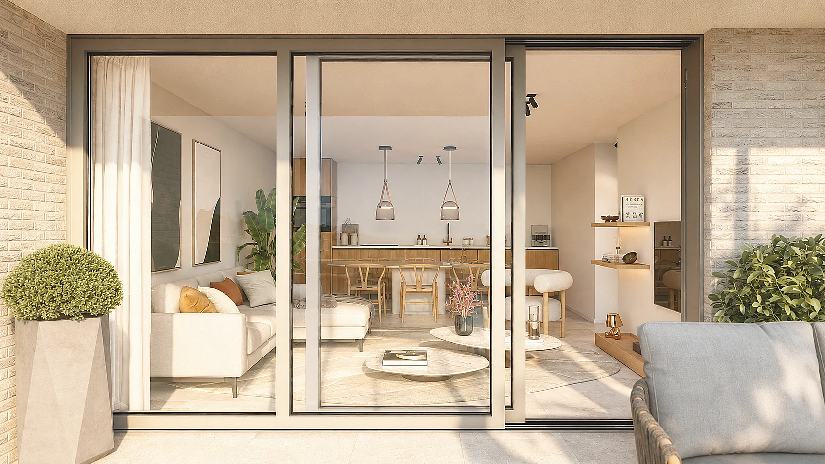 Terras van een appartement met uitzicht op het kanaal in Zelzate
