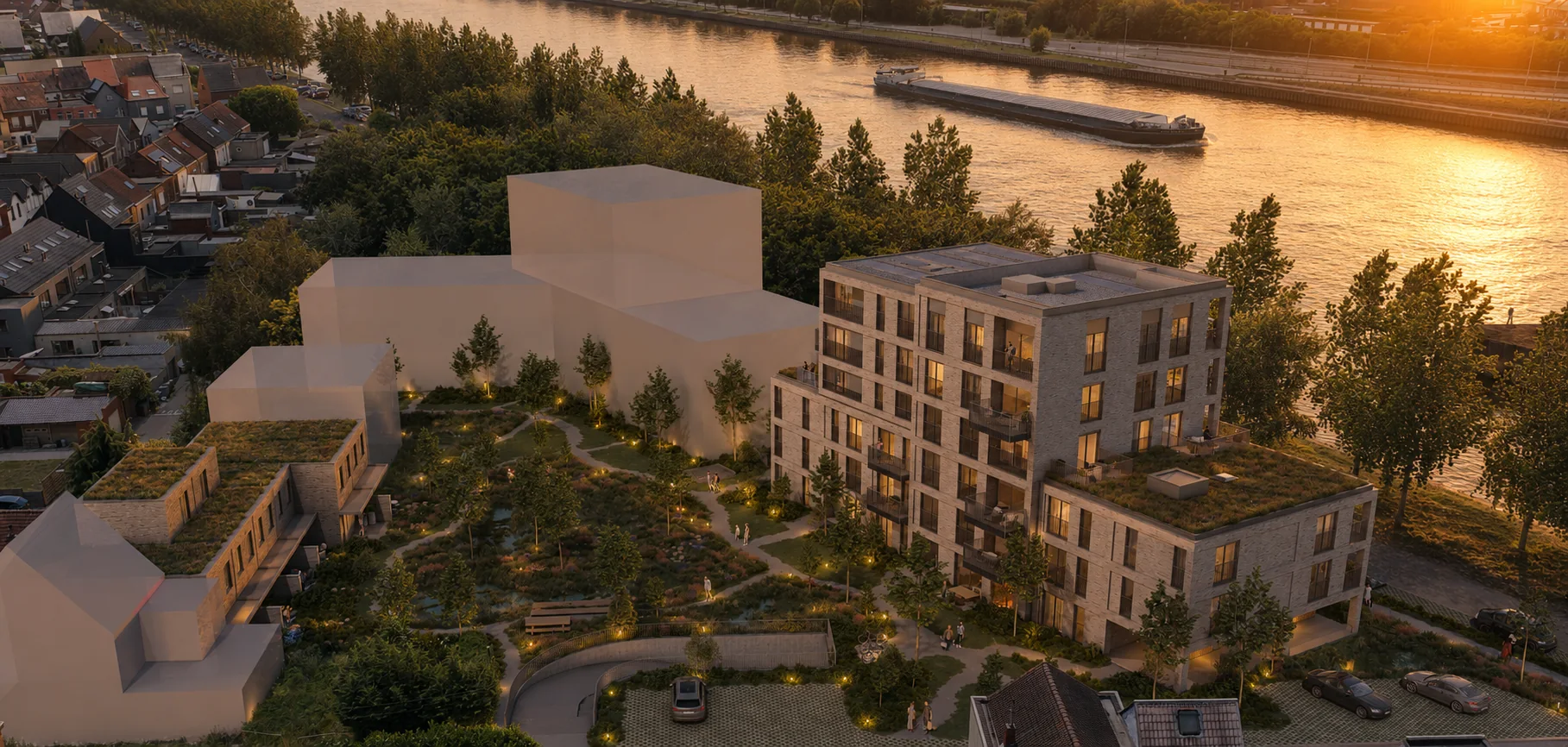 Luchtzicht op Residentie Waterkant met appartementen, woningen en groene binnentuin