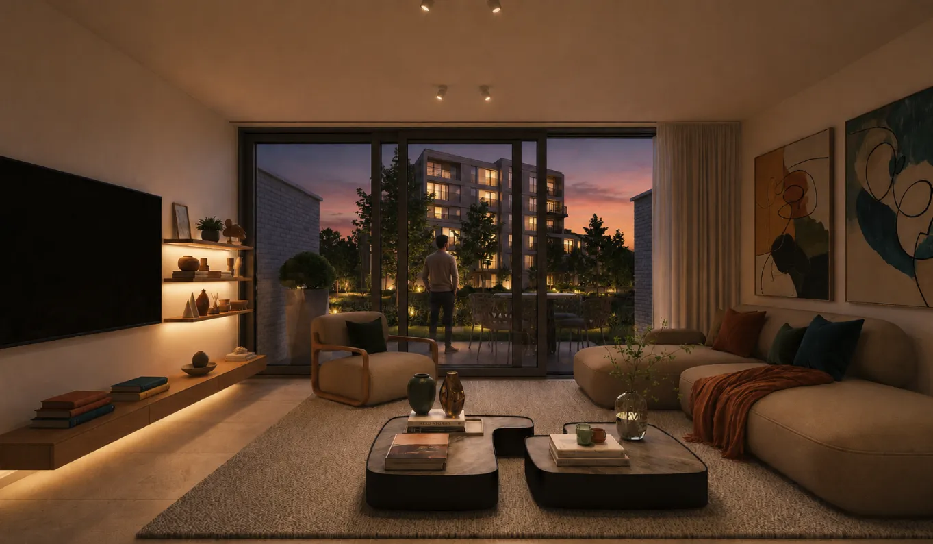Leefruimte van een woning bij avondlicht