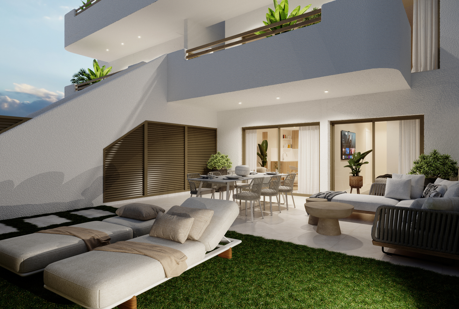 Tuin avond Alma Bungalows