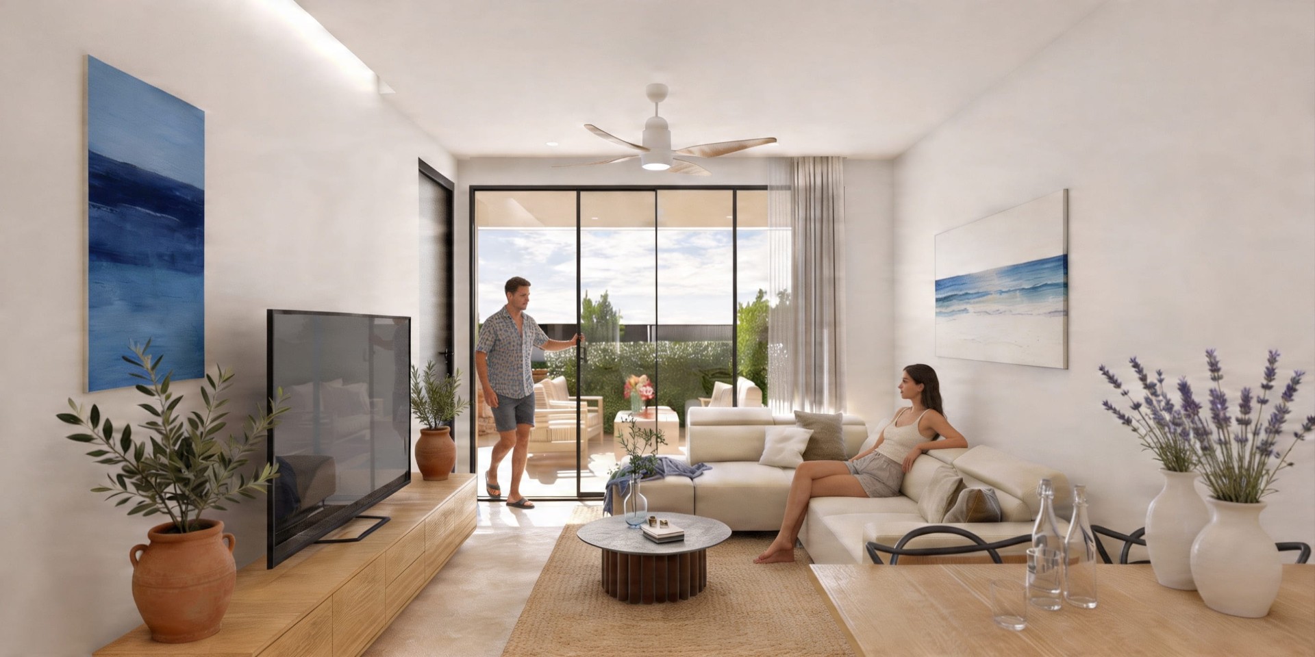 Bright open living room with terrace doors