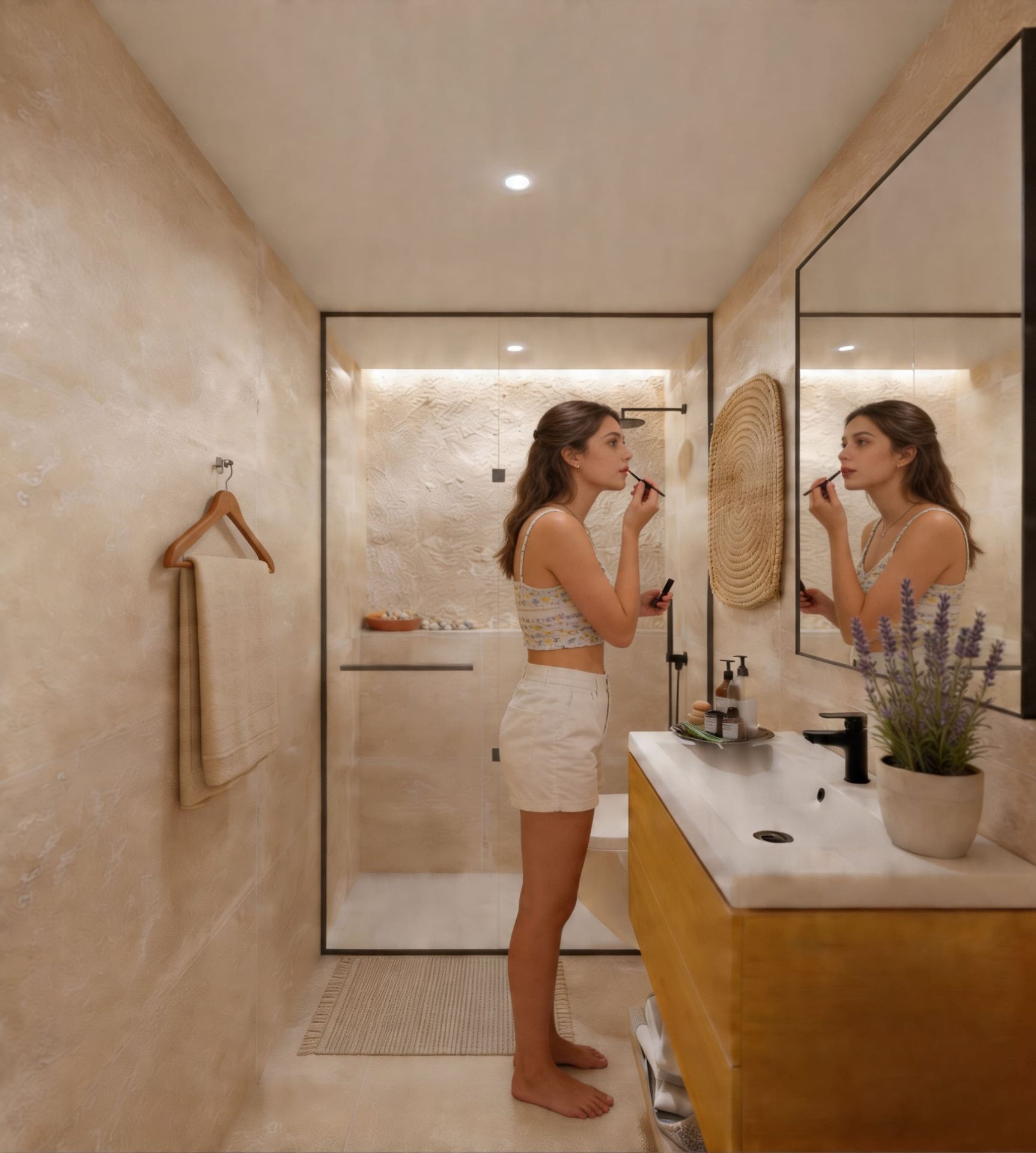 Designer bathroom in travertine tones with walk-in shower