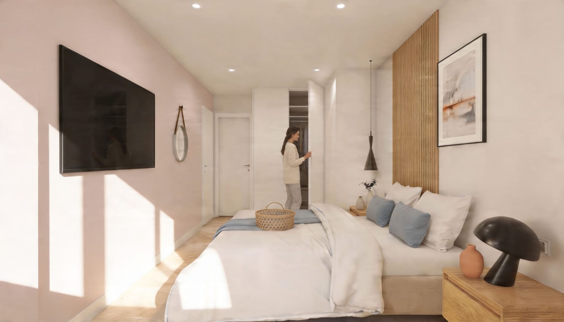 Bedroom with wood paneling and built-in wardrobe