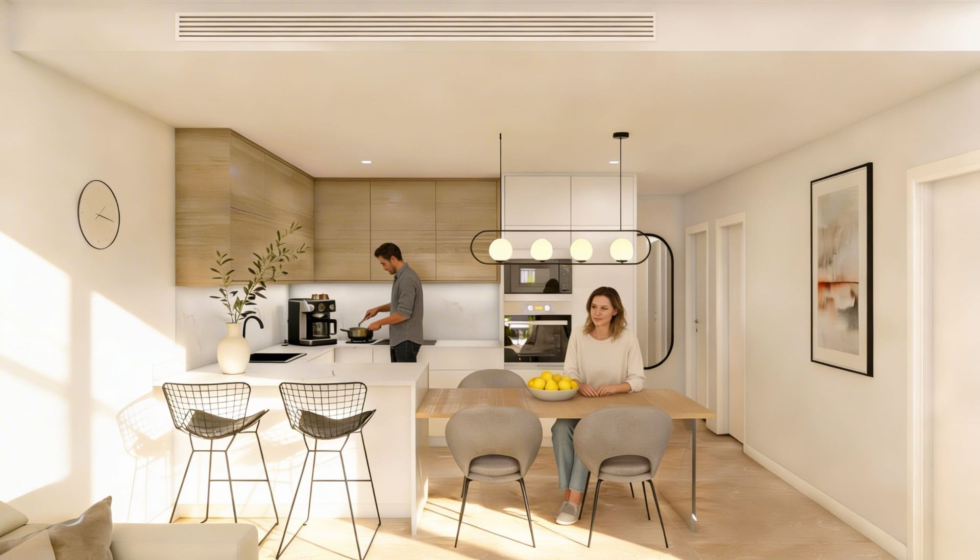 Designer kitchen with bar and dining area