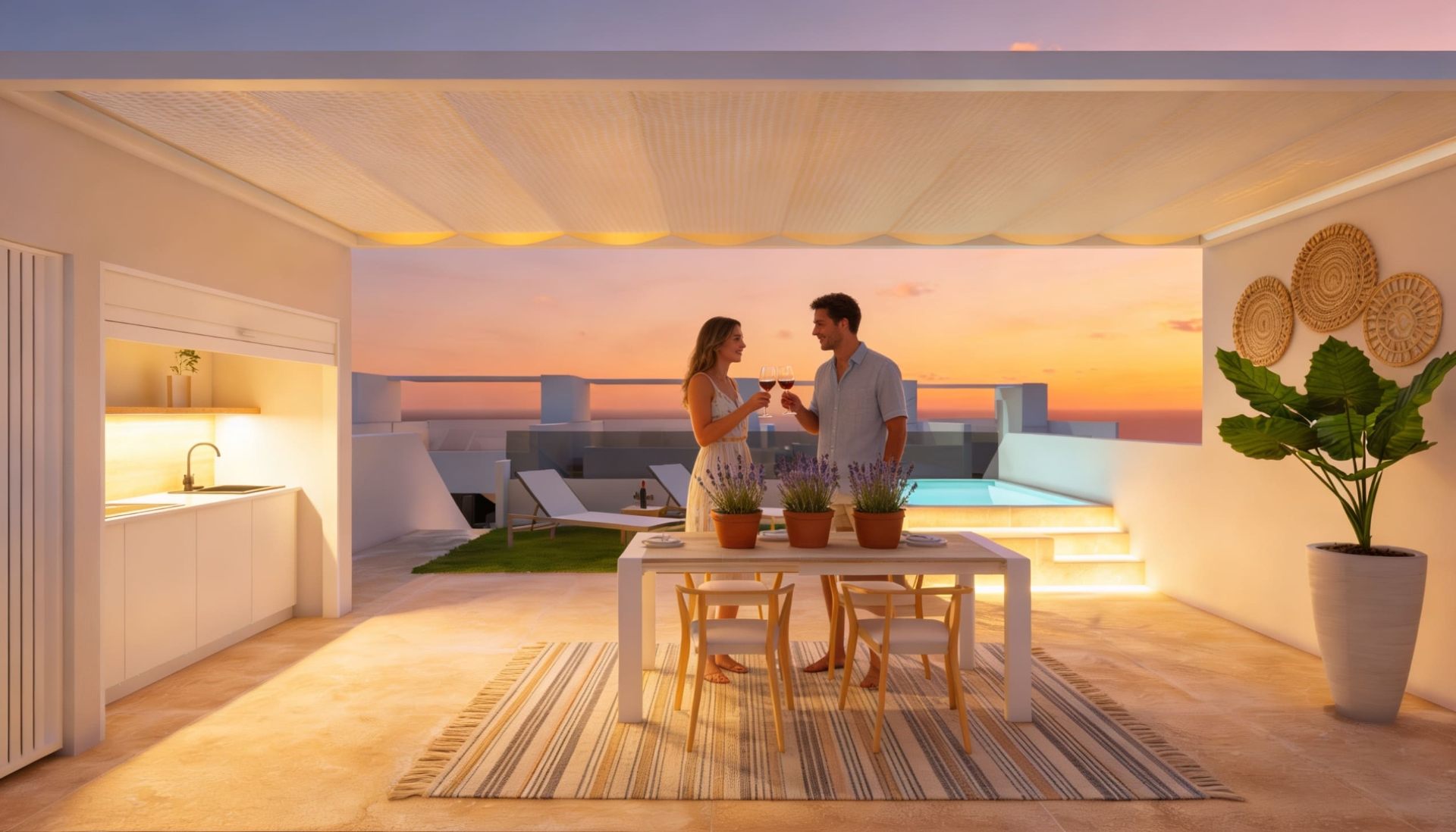 Solarium at sunset with summer kitchen and private pool