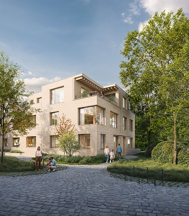 Exterieur render Het Porfier met kasseien pad en groene omgeving