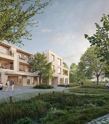 Exterieur render van Het Porfier met meerdere gebouwen omringd door groene beplanting