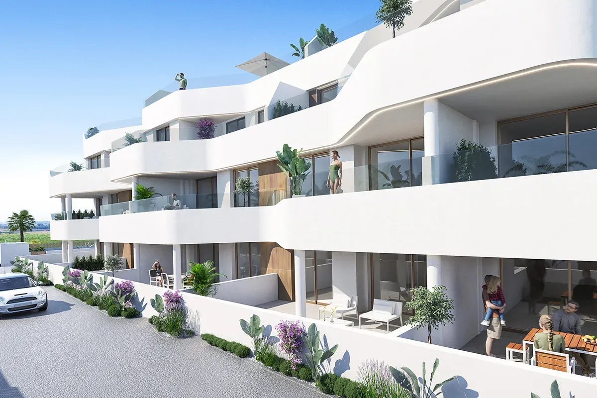 Zijaanzicht van het complex met curvige balkons
