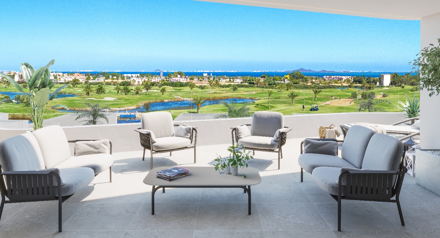 Terras met loungezetels en panoramisch zicht op La Serena Golf en de Mar Menor