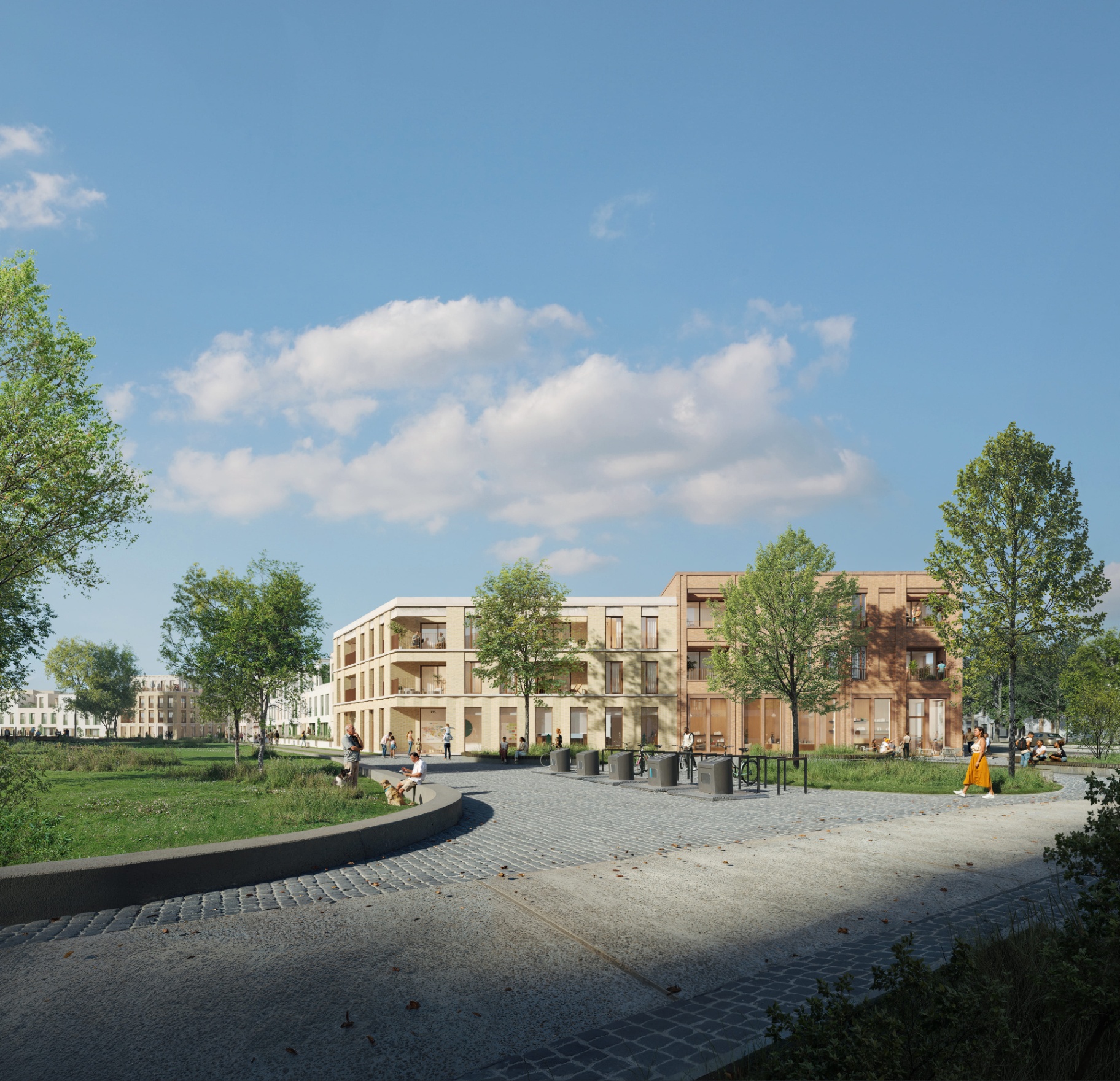 Detail van bakstenen architectuur met balkon en groen