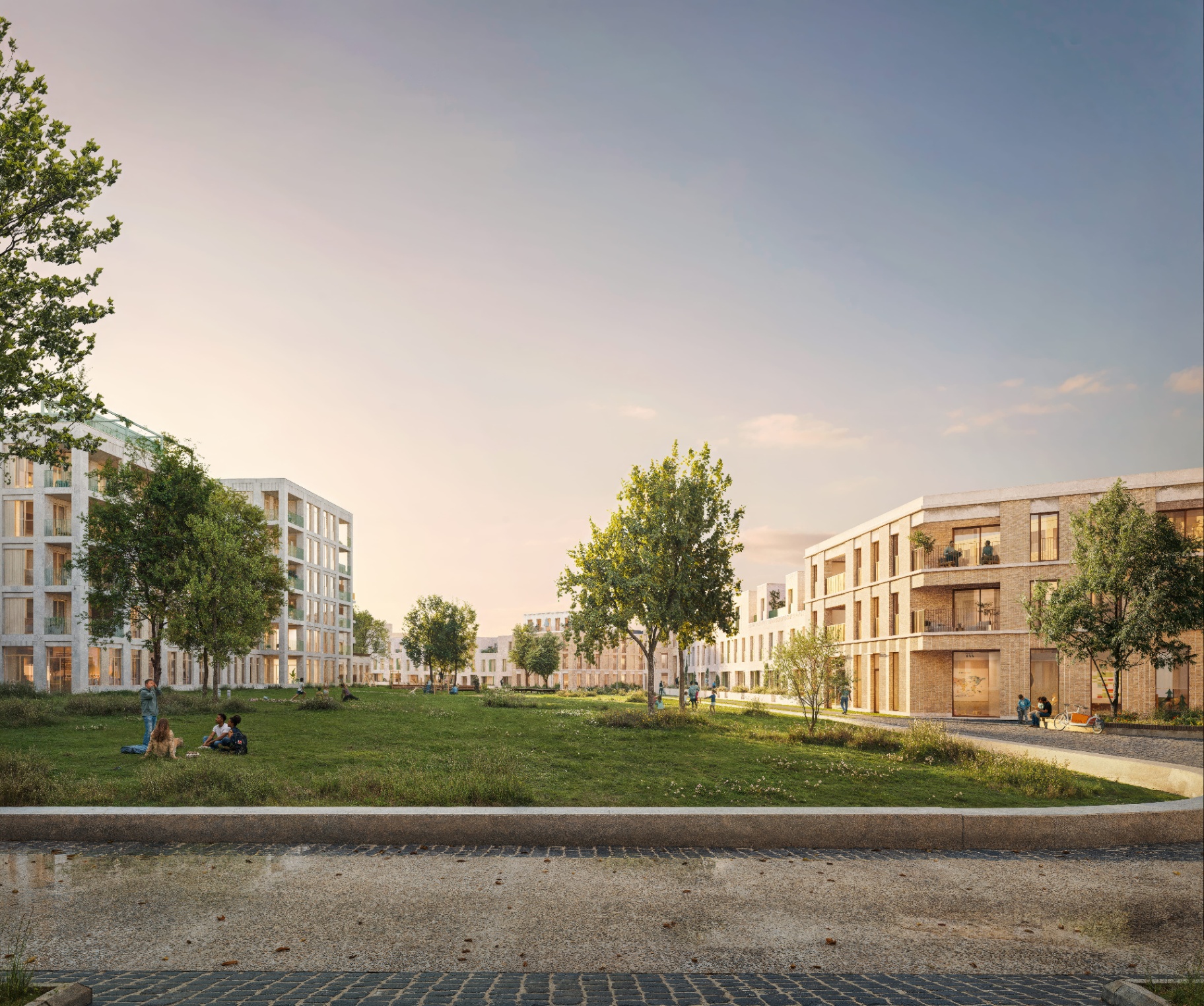 Komet — centrale parkruimte bij avondlicht