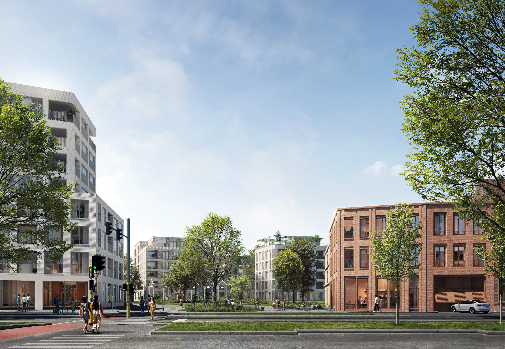 Komet — straatzicht met groen plein en omliggende gevels
