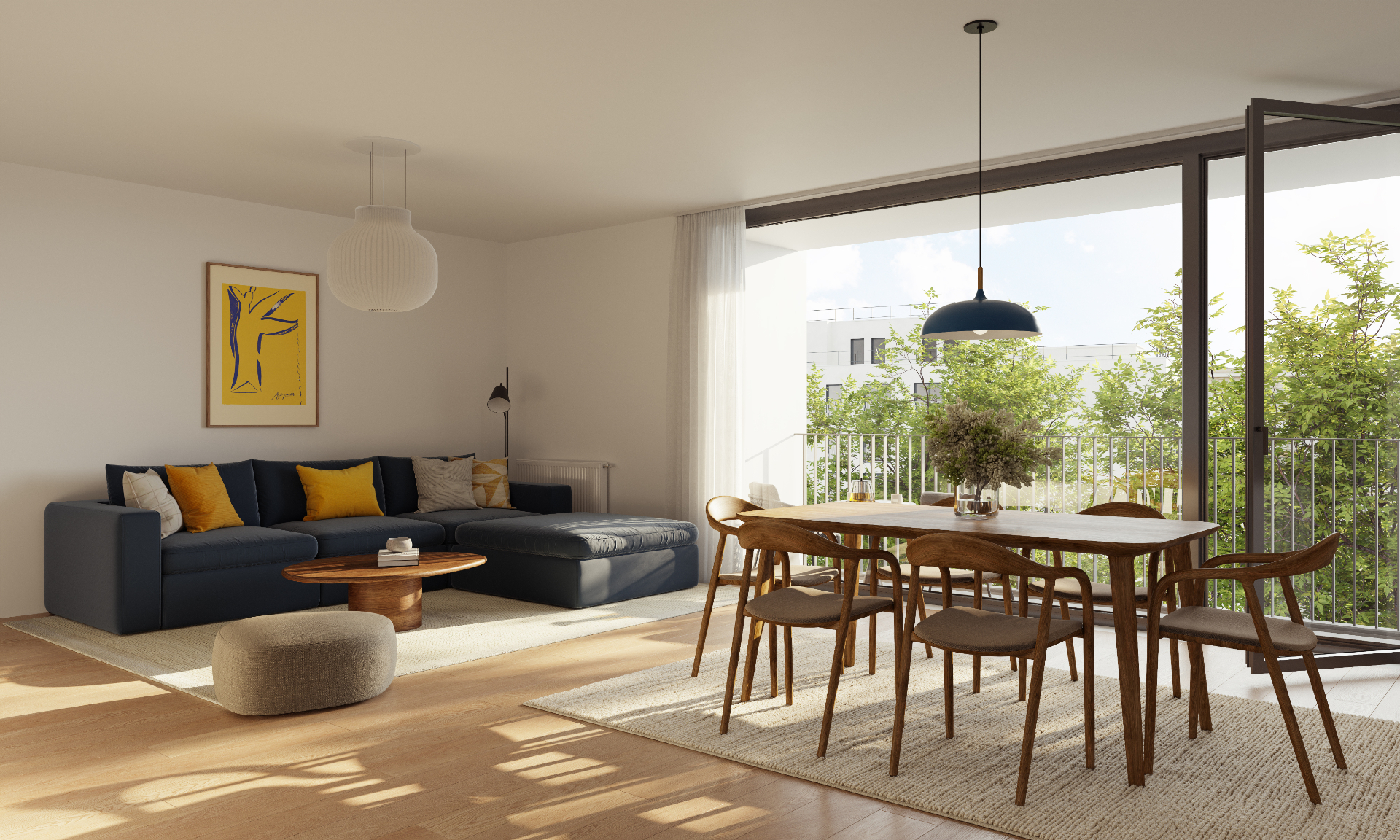 Lichte leefruimte in een Juliet appartement met zicht op groen terras