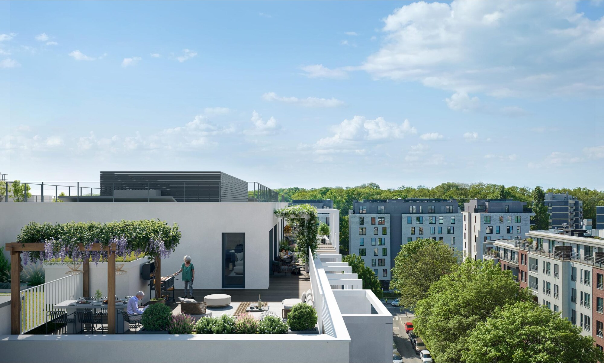 Dakterras met pergola, wisteria en uitzicht over Schaarbeek
