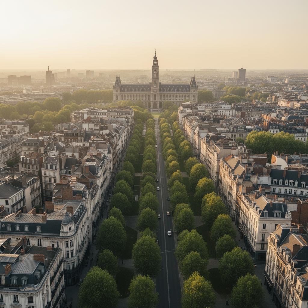 Luchtfoto van Schaarbeek met het gemeentehuis en groene lanen