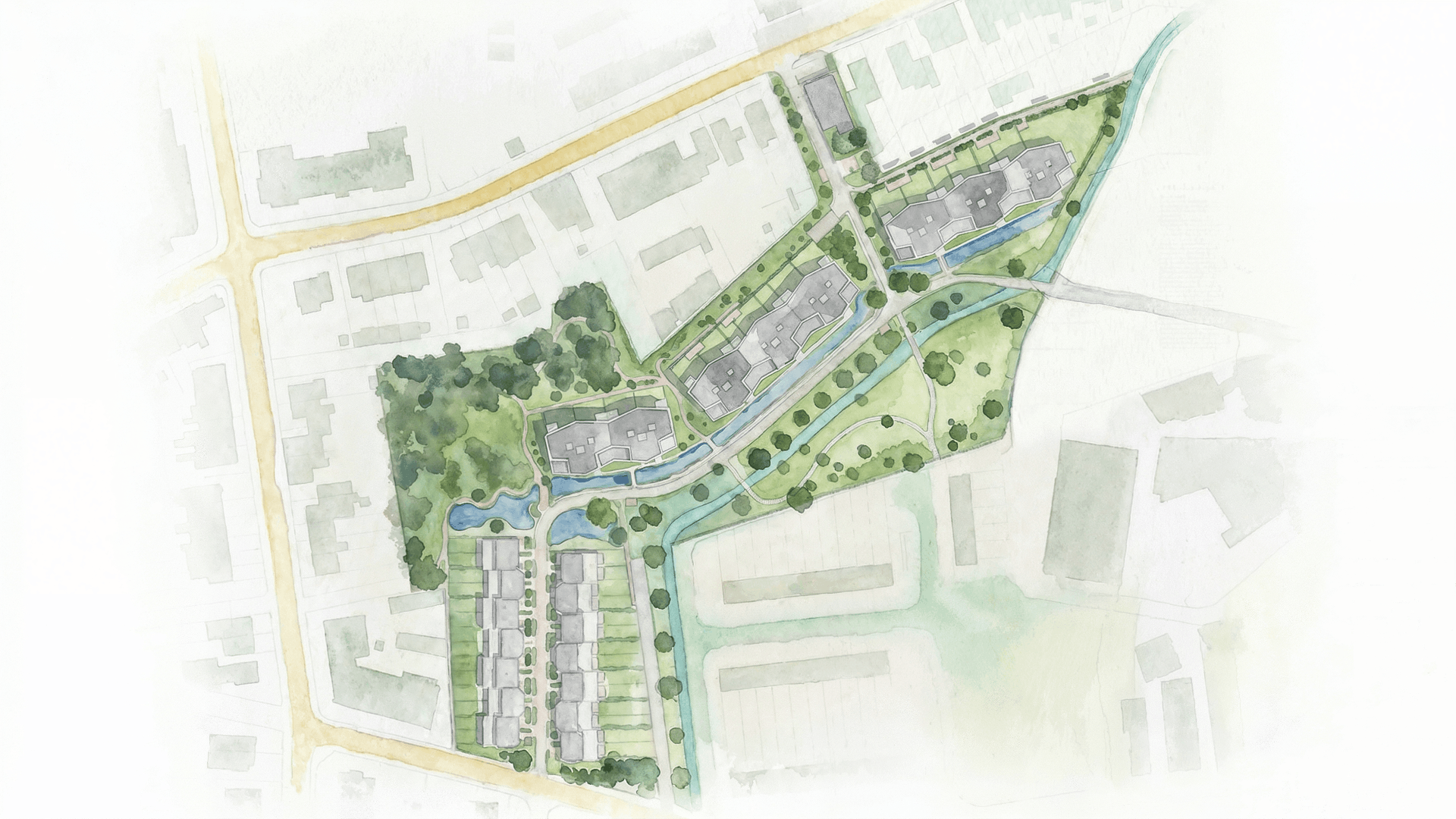 Aquarel-inplantingsplan Dungelpark met aanduiding van appartementen en eengezinswoningen