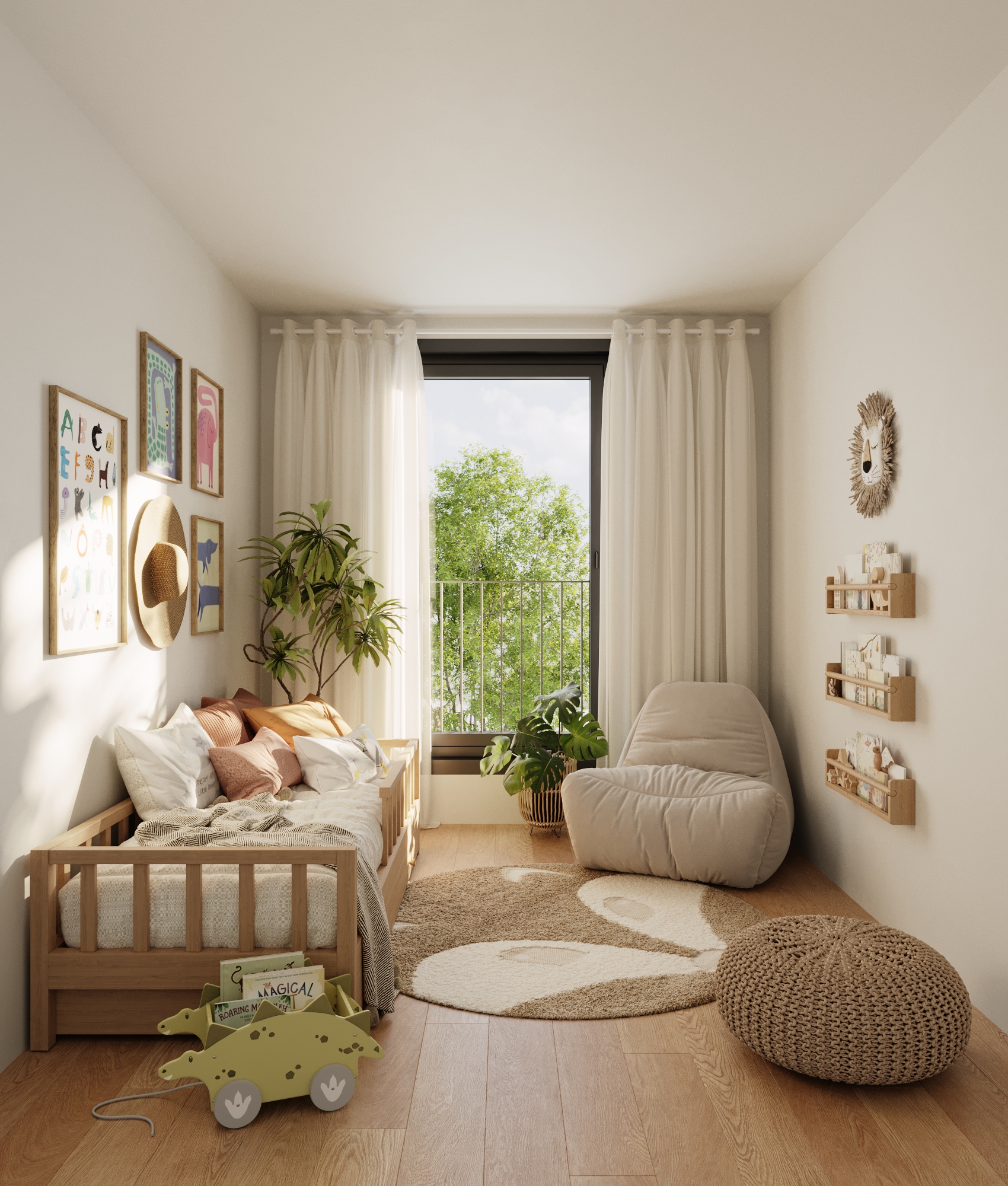 Chambre lumineuse avec balcon et vue sur la verdure