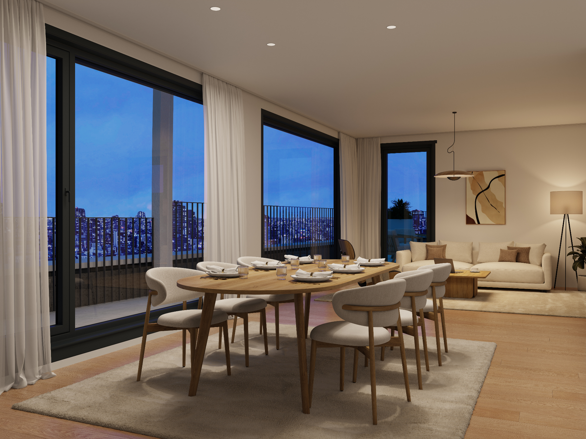 Salle à manger avec vue nocturne sur la ville