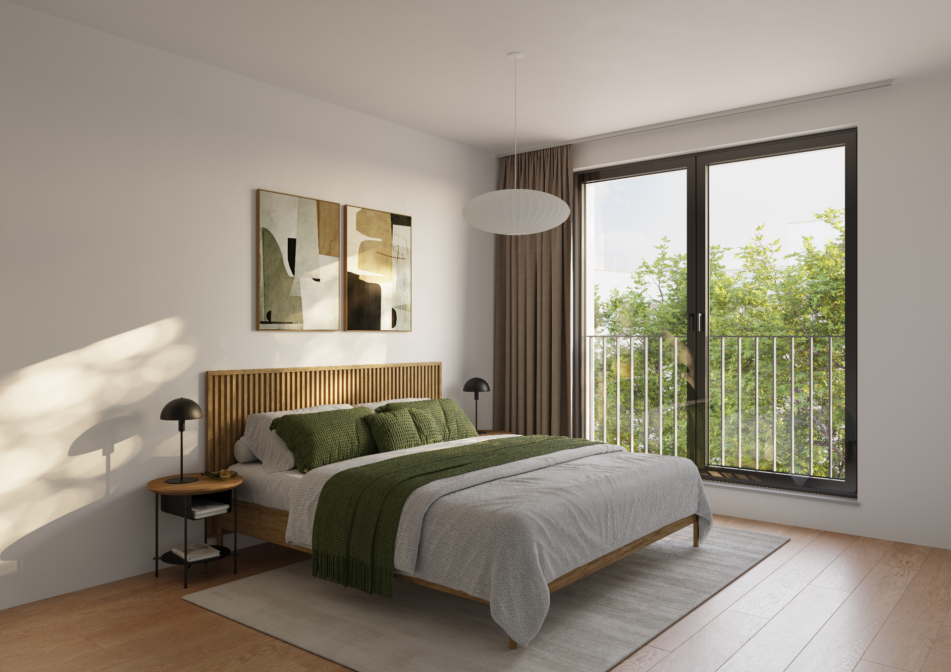 Chambre principale avec balcon et arbres