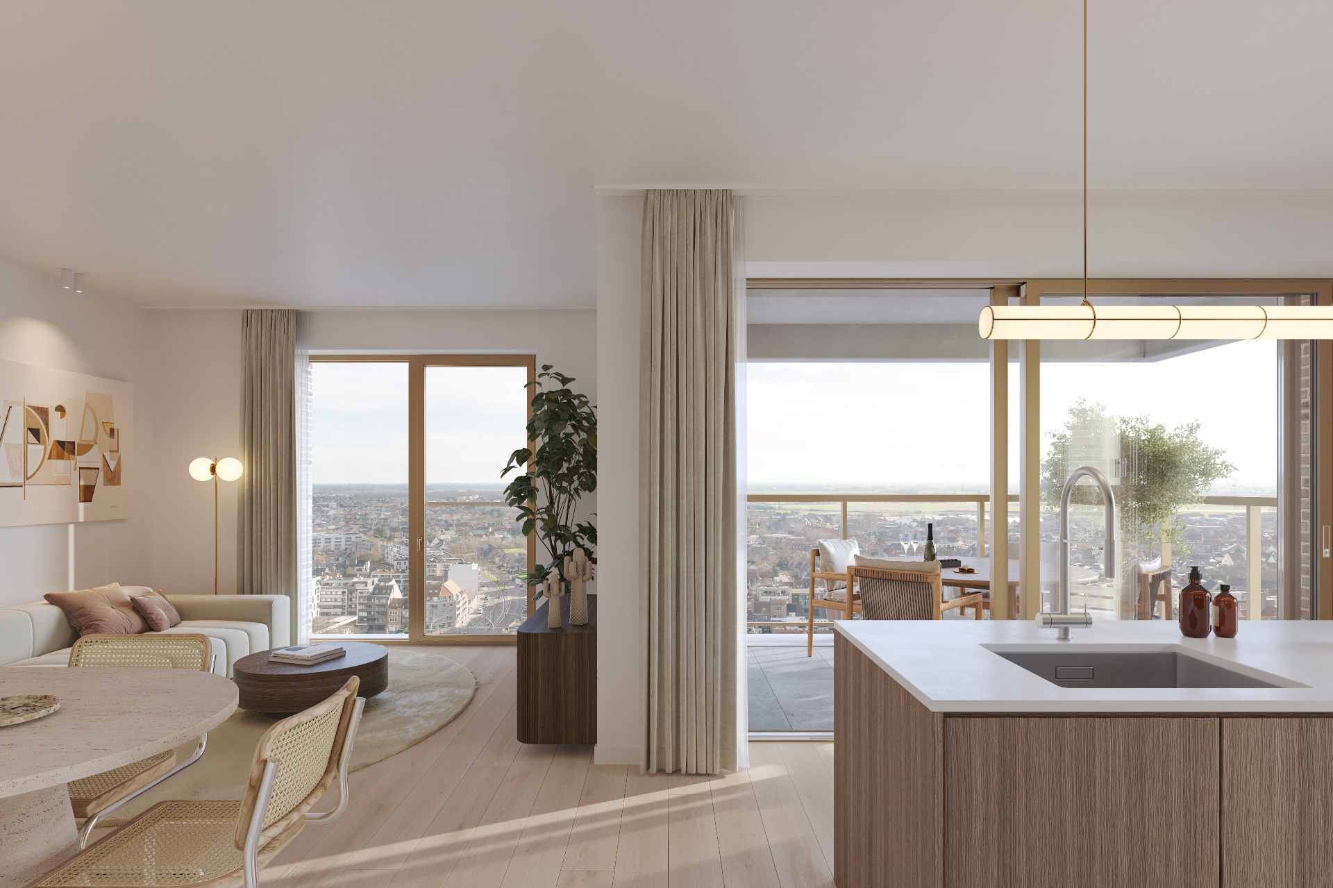 O'Sea interieur — open keuken met zicht op stad en zee