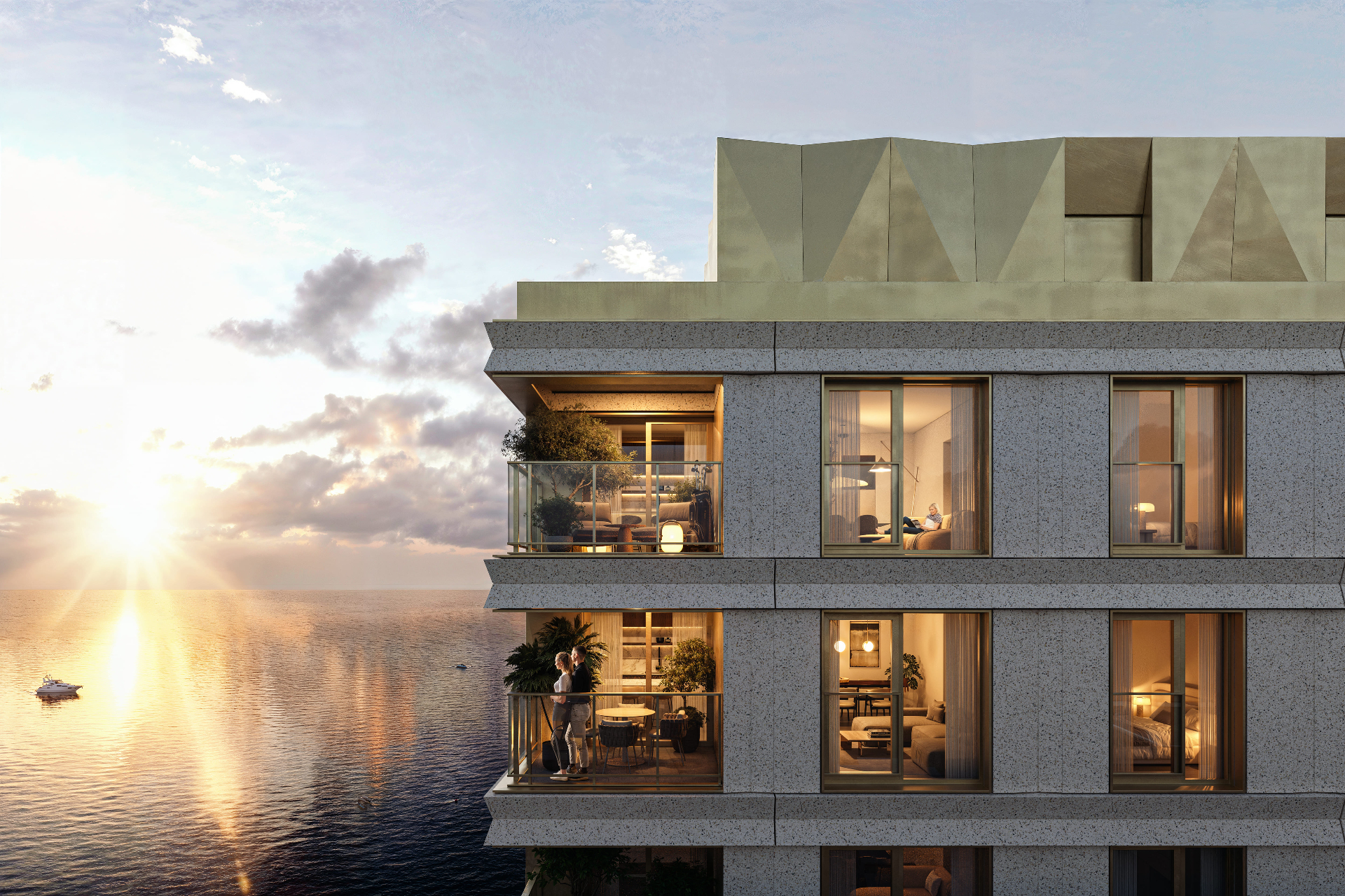 O'Sea — terras met zonsondergang boven de zee