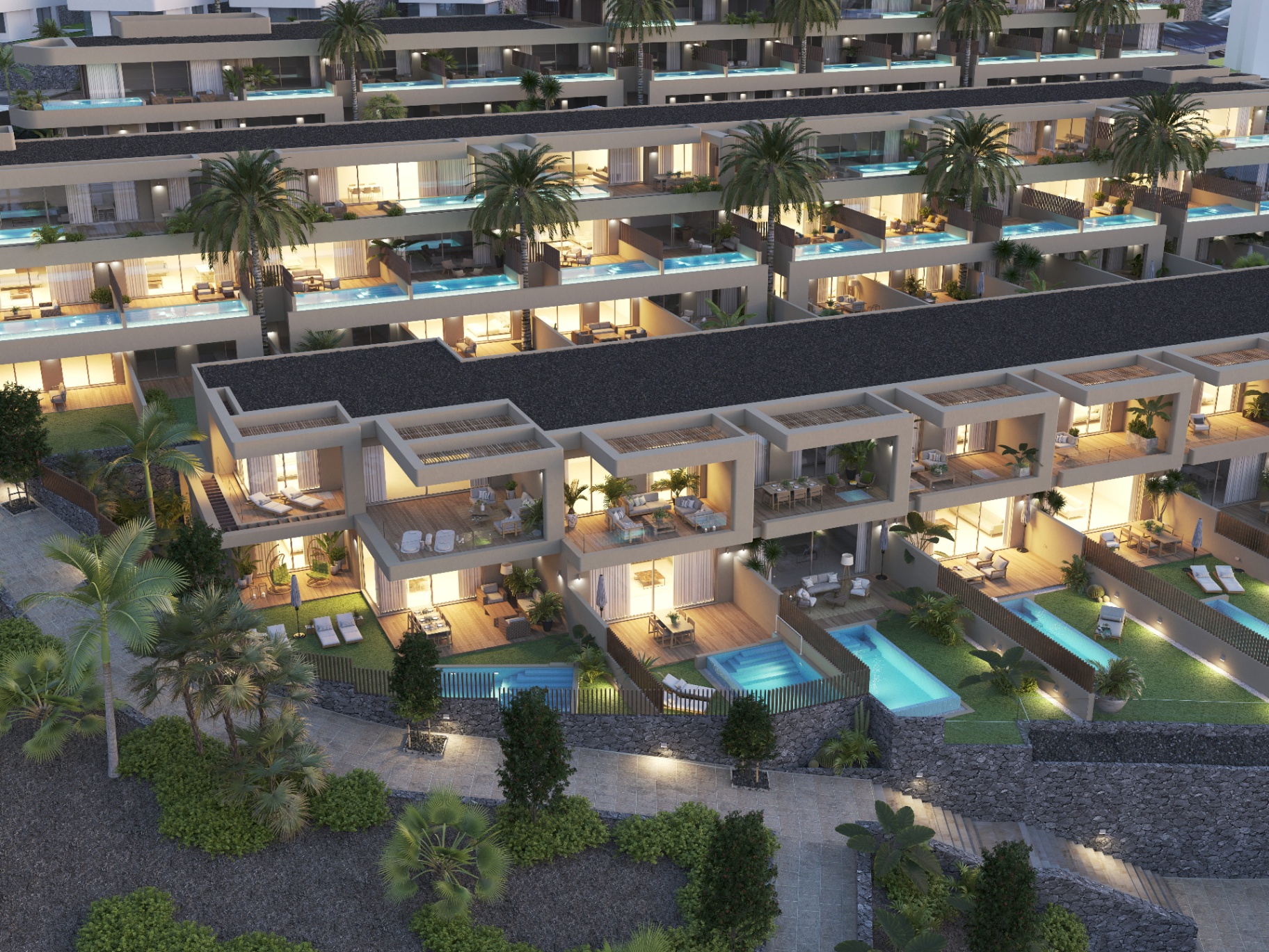 Amoenus by night — illuminated terraces, private infinity pools and gardens
