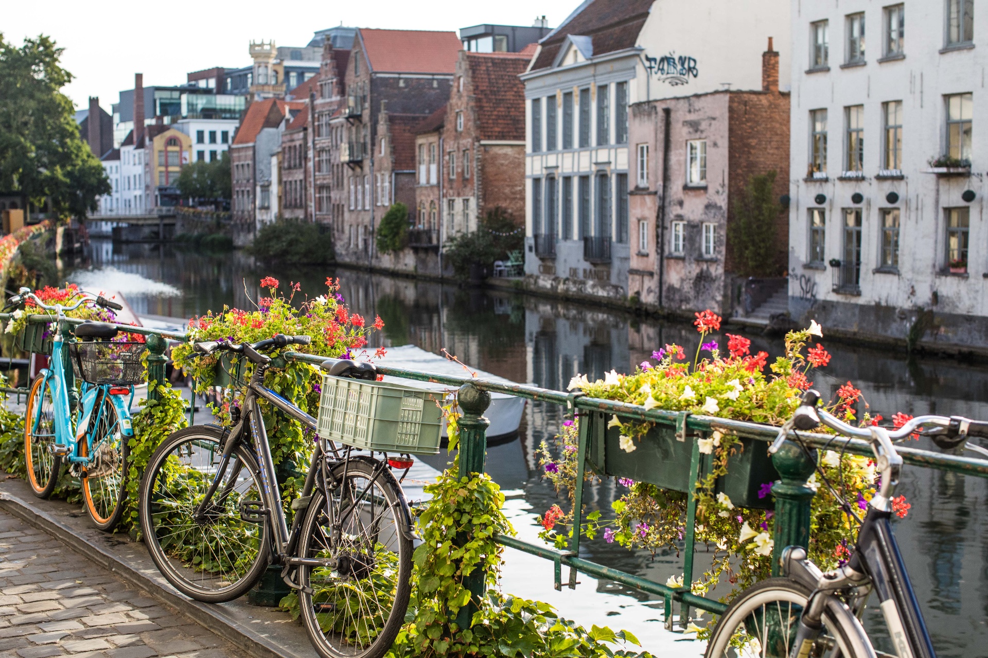 Fietsen langs het kanaal in Gent
