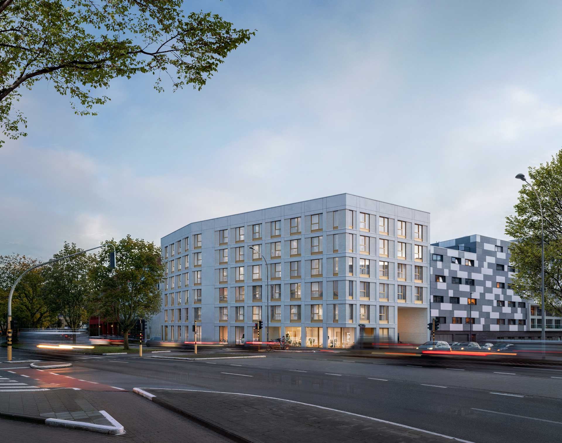 Pulse 9000 — vooraanzicht nieuwbouw studentenresidentie Gent