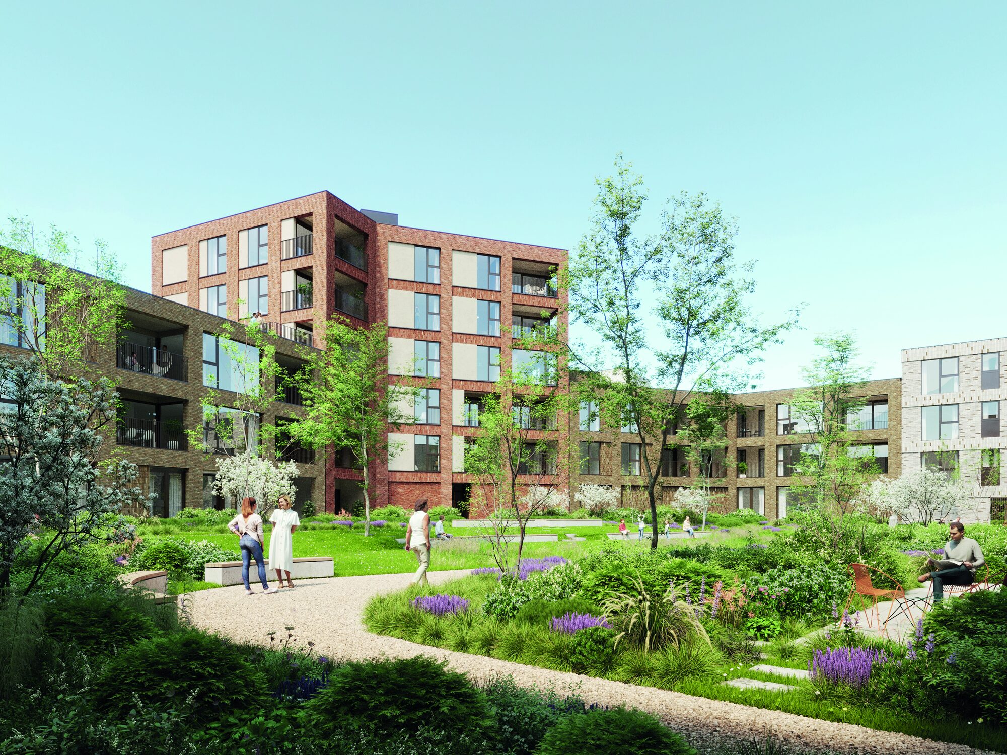 Binnentuin met wandelpaden en bloemenborders