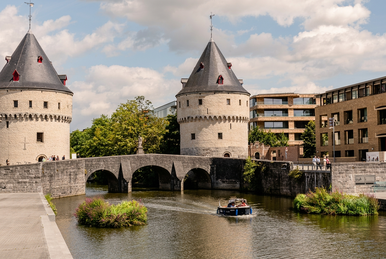 Luchtfoto van Kortrijk met de Leie — locatie Nieuwe Overleie