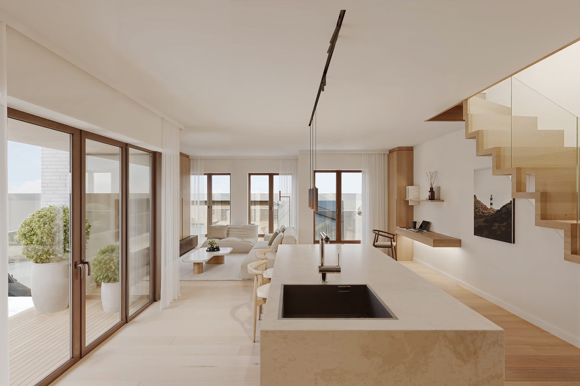 Séjour lumineux avec cuisine ouverte et terrasse — Résidence Edgeview