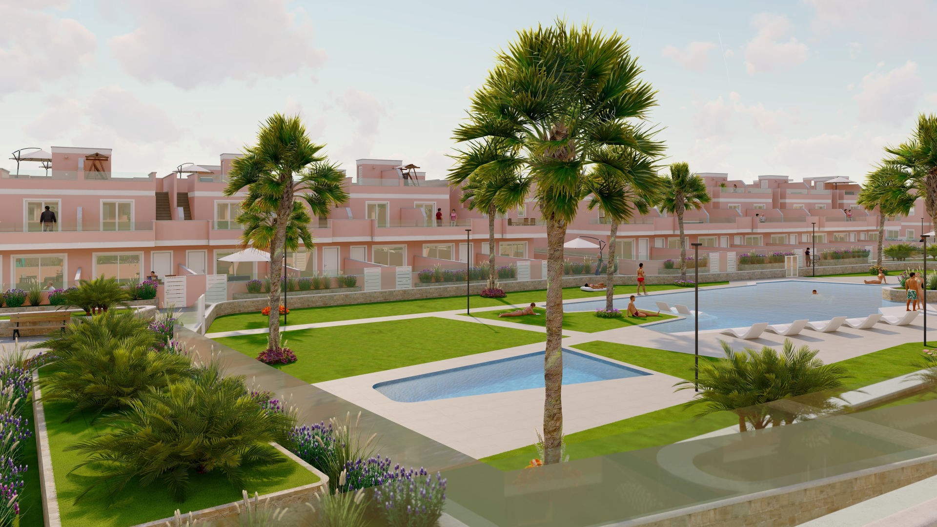 New-build apartments Pilar with pool and palm trees on the Costa Blanca